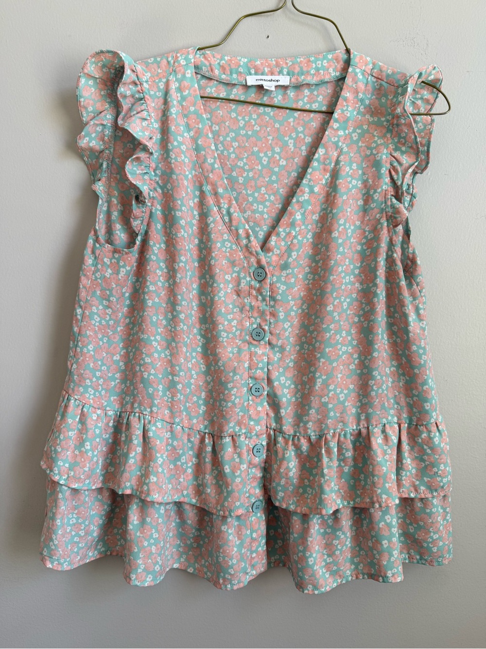 mittoshop Mint and Coral Floral Button V-Neck Top